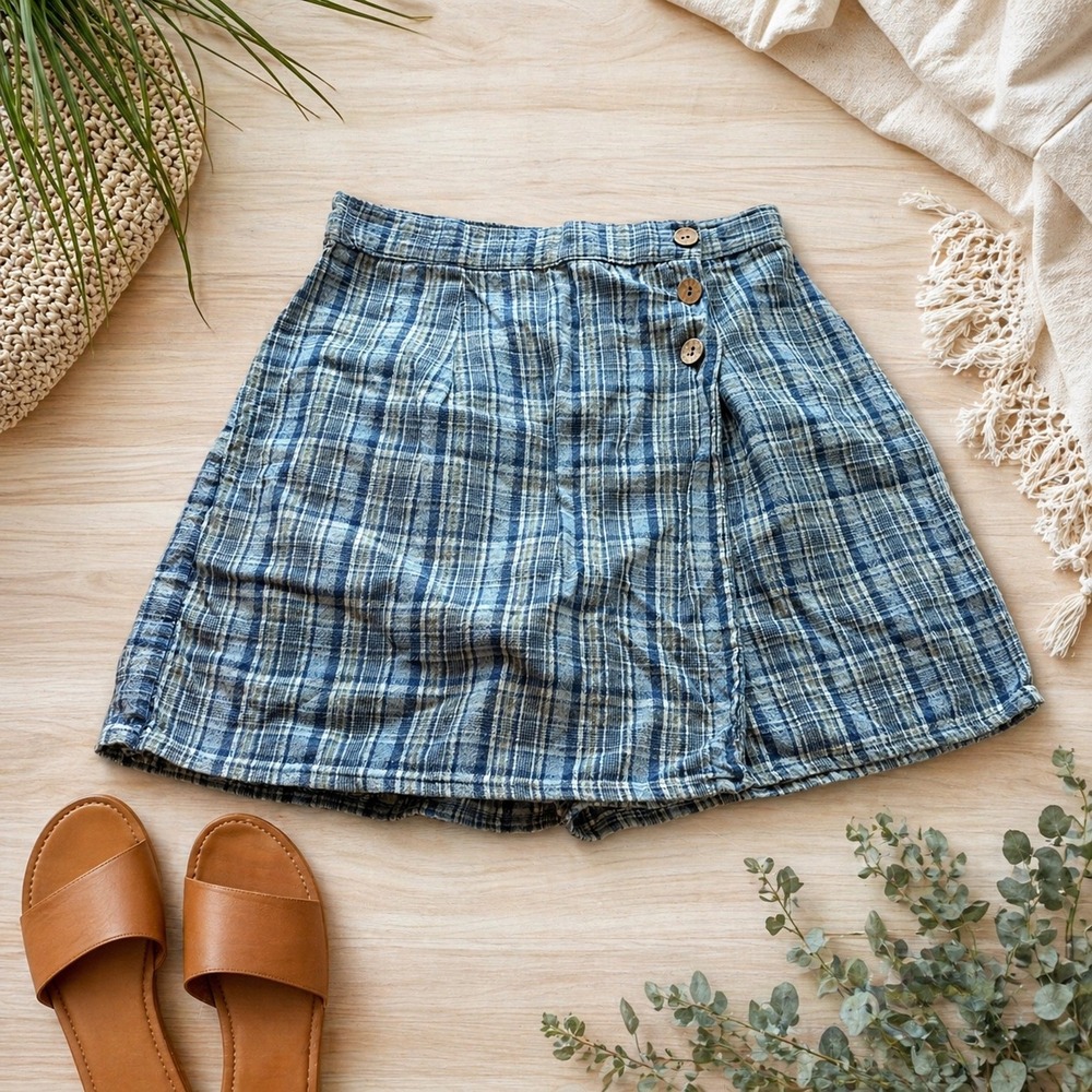 id Sport Blue Plaid Cotton Skort Vintage Style Button Front Wrap Shorts Size 14